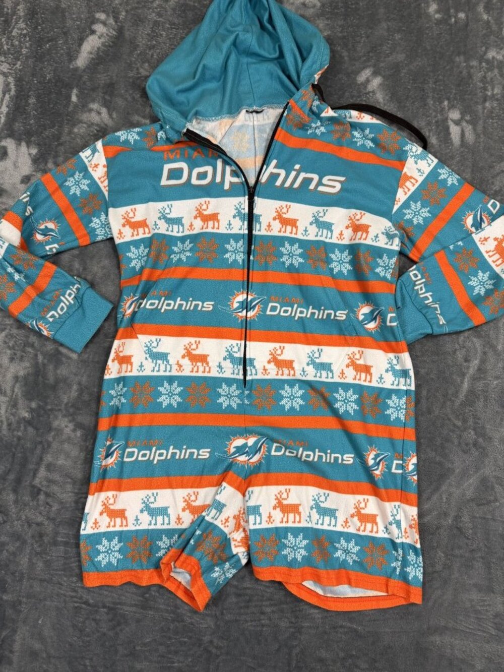 Miami Dolphins Adult Holiday Onesie Pajamas With Hood & Zipper 2XL